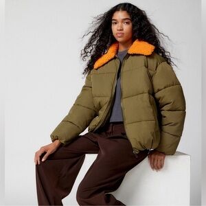 Urban Outfitters Green Puffer Jacket Duckie Faux Shearling Collar Coat NWOT